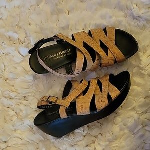 Donald J Pliner Clea Italian tan cork straps platform wedge sandal buckle 8 EUC…